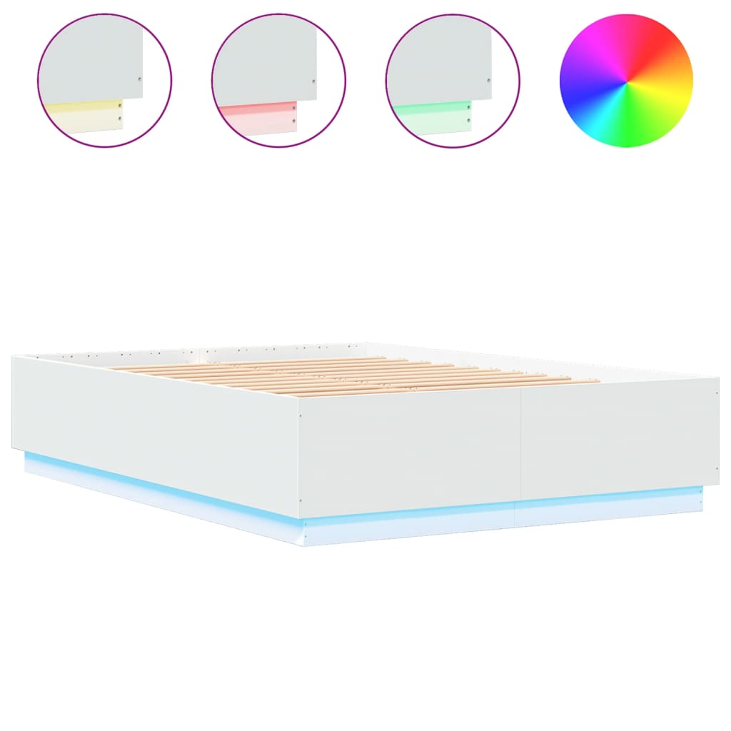 vidaXL gultas rāmis ar LED, balts, 120x200 cm, inženierijas koks