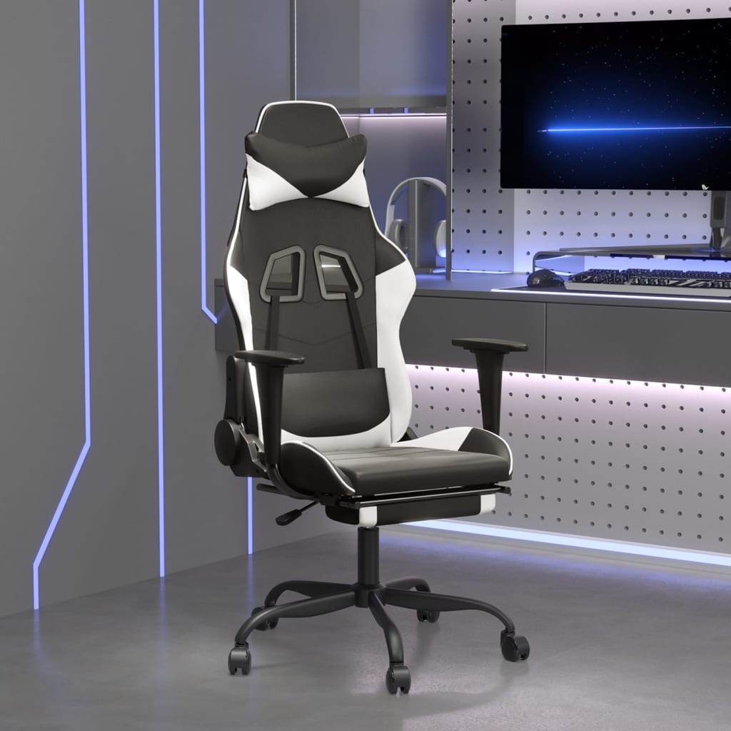 vidaXL datorkrēsls ar kāju balstu, melna un balta mākslīgā āda