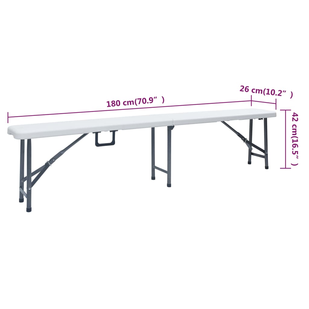 vidaXL saliekams dārza galds ar 2 soliem, 180 cm, tērauds, HDPE, balts