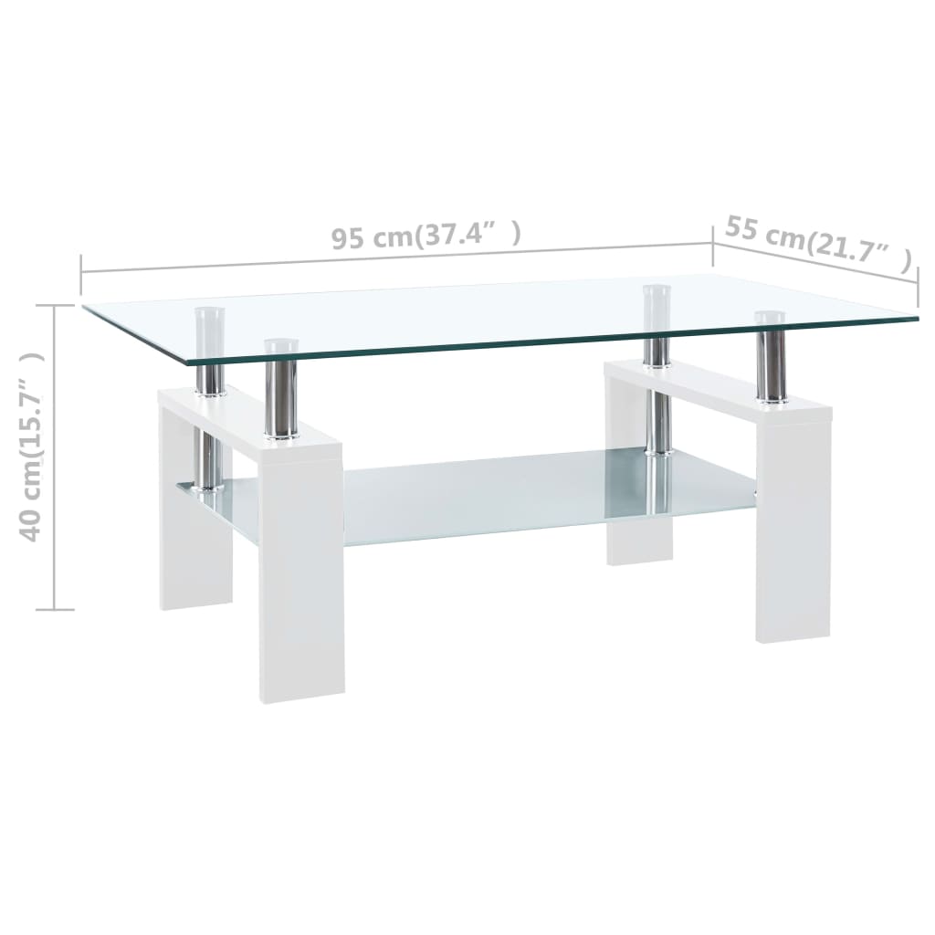 vidaXL kafijas galdiņš, 95x55x40 cm, rūdīts stikls, balts, caurspīdīgs