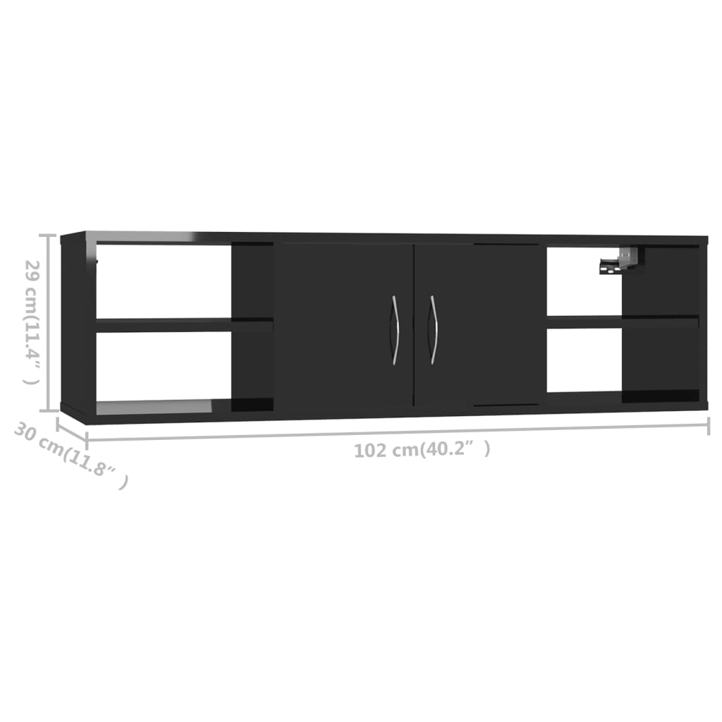 vidaXL sienas plaukts, spīdīgi melns, 102x30x29 cm, skaidu plāksne