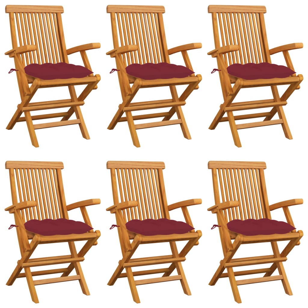 vidaXL dārza krēsli, vīnsarkani matrači, 6 gab., masīvs tīkkoks