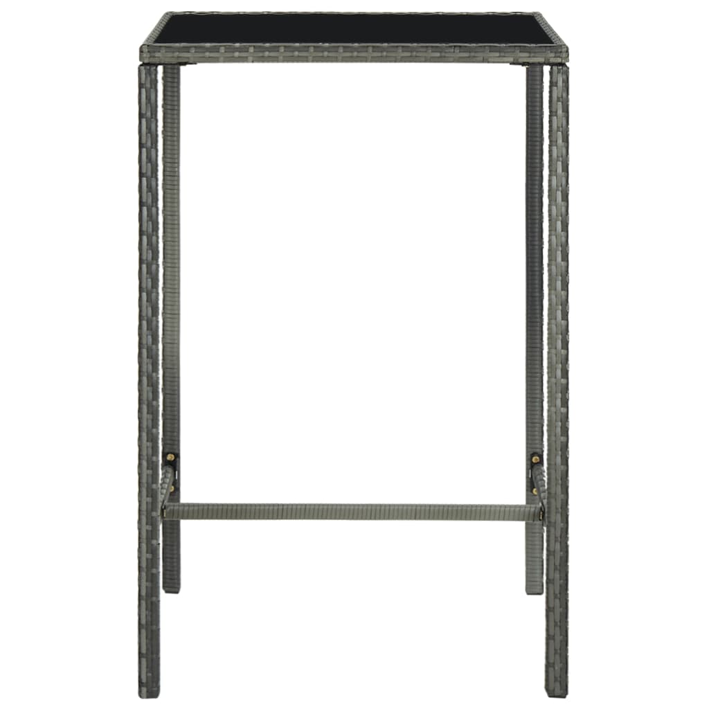 vidaXL dārza bāra galds, pelēks, 70x70x110 cm, PE rotangpalma, stikls