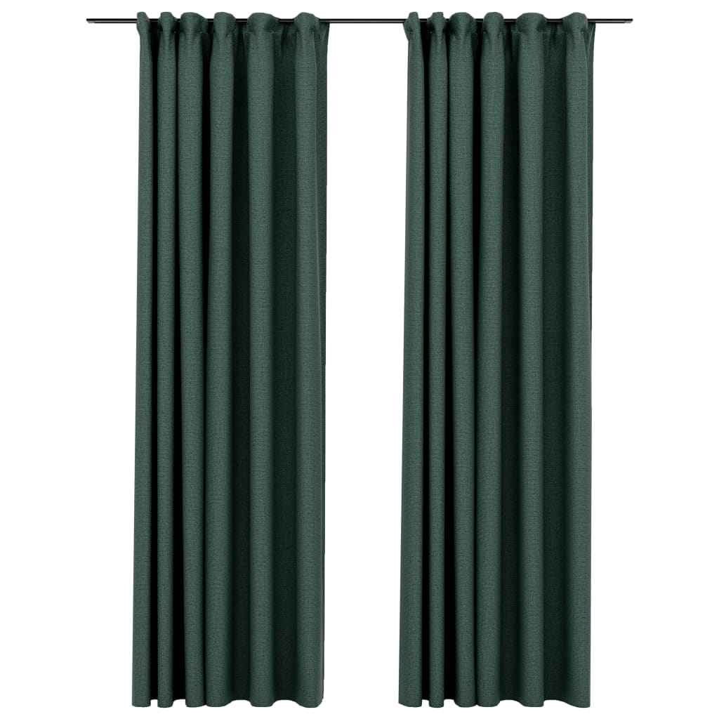 vidaXL biezie aizkari ar āķiem, 2 gab., zaļi, linveida, 140x225 cm