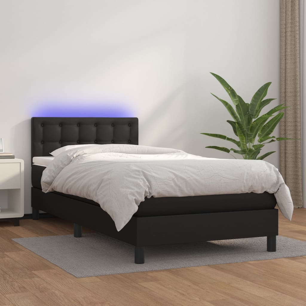 vidaXL atsperu gulta ar matraci, LED, melna, 80x200 cm, mākslīgā āda