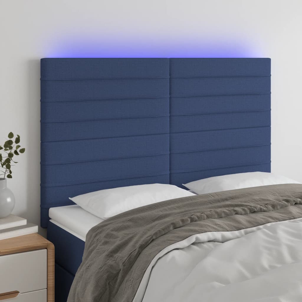 vidaXL gultas galvgalis ar LED, 144x5x118/128 cm, zils audums