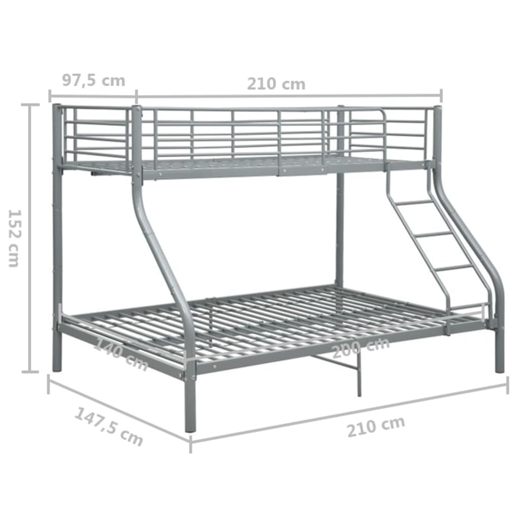 vidaXL divstāvu gultas rāmis, pelēks, 140x200/90x200 cm, metāls
