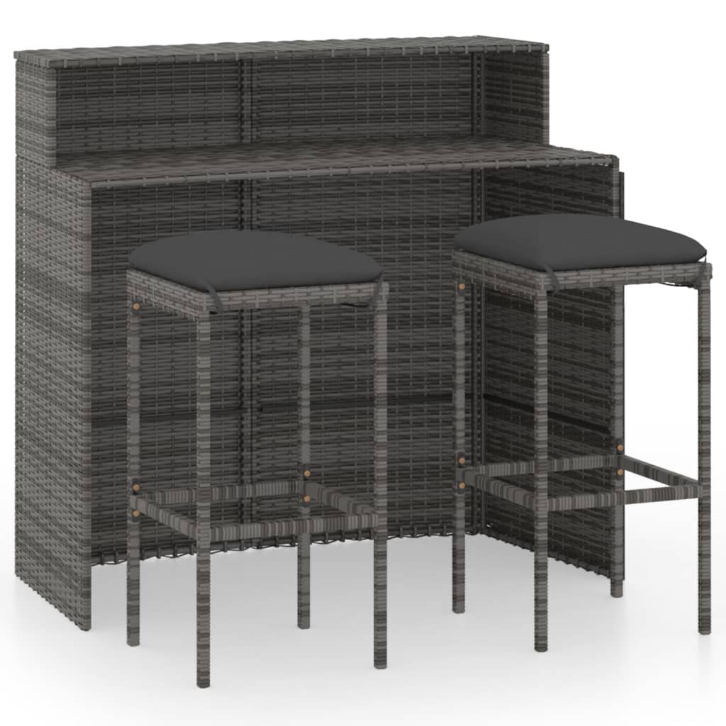 vidaXL 3-daļīgs dārza bāra mēbeļu komplekts ar matračiem, pelēks