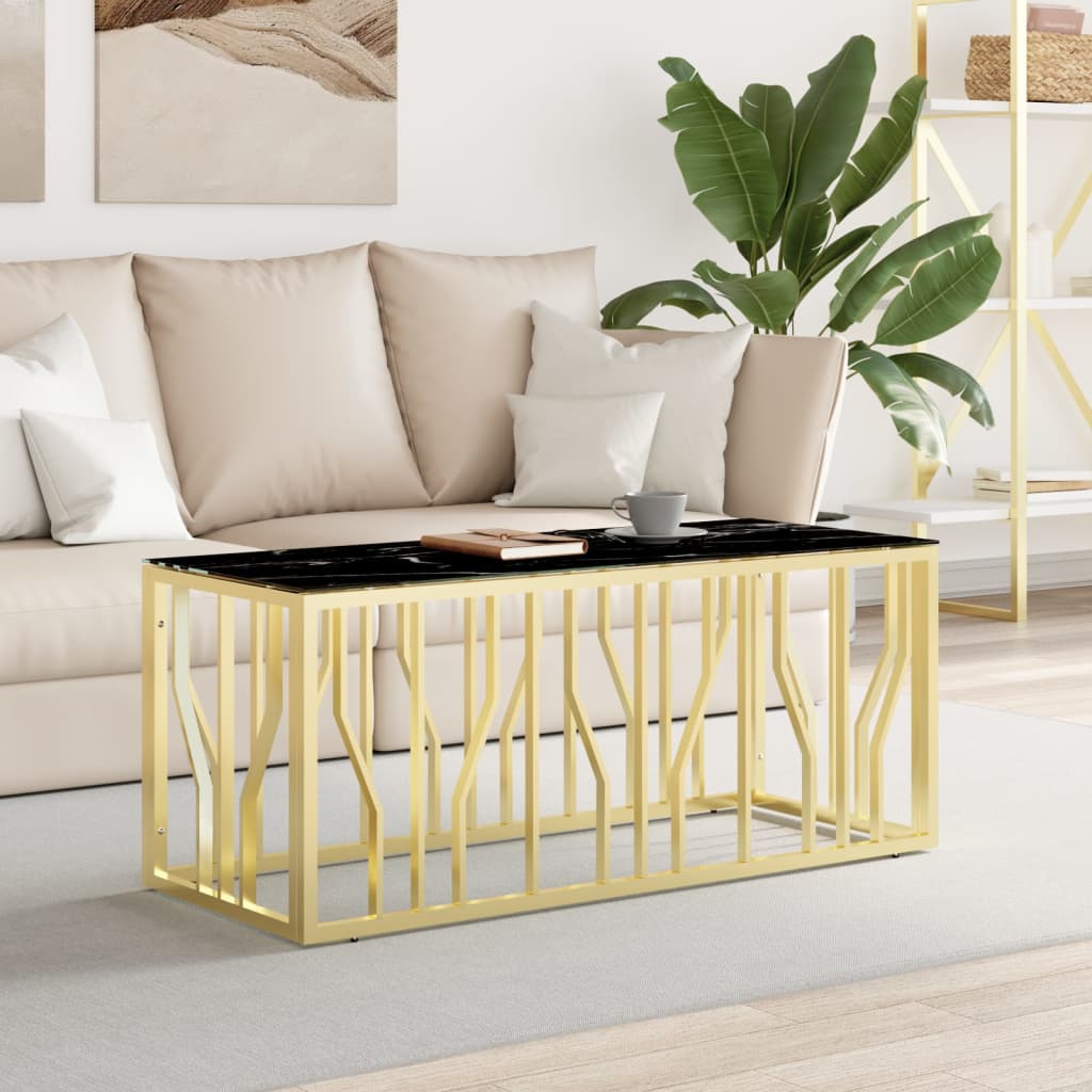 vidaXL kafijas galdiņš, zelta, 110x45x45cm, nerūsējošs tērauds, stikls