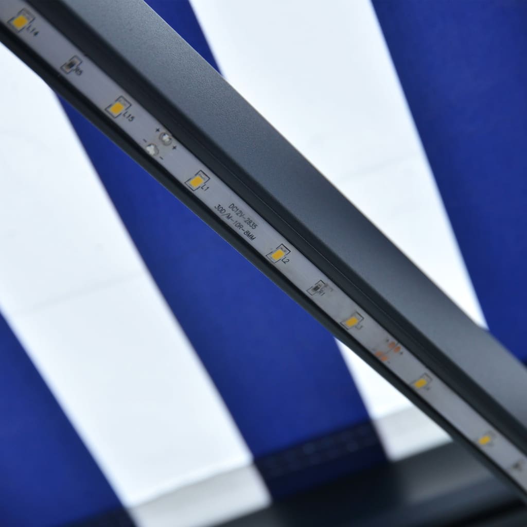 vidaXL markīze ar vēja sensoru un LED, 300x250 cm, zila ar baltu