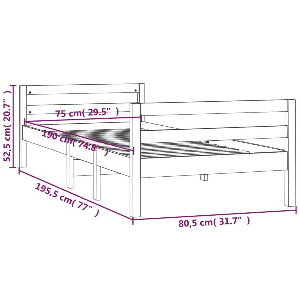 vidaXL gultas rāmis, pelēks, 75x190 cm, priedes masīvkoks