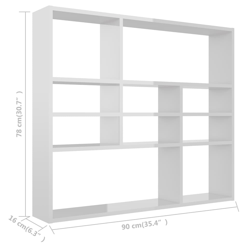 vidaXL sienas plaukts, spīdīgi balts, 90x16x78 cm, skaidu plāksne