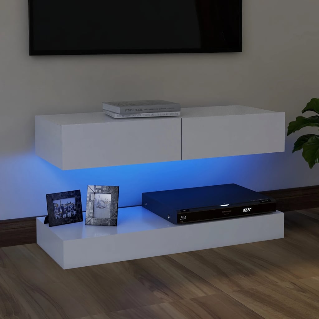 vidaXL TV plaukts ar LED lampiņām, 90x35 cm, balts