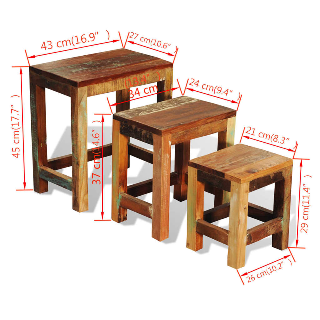 vidaXL kafijas galdiņi, 3 gab., sabīdāmi, antīki, pārstrādāts koks