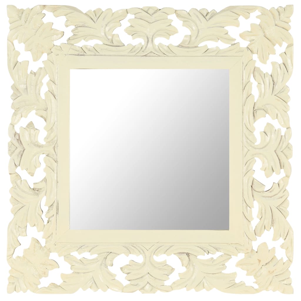 vidaXL spogulis, balts, 50x50 cm, ar kokgriezumiem, mango masīvkoks