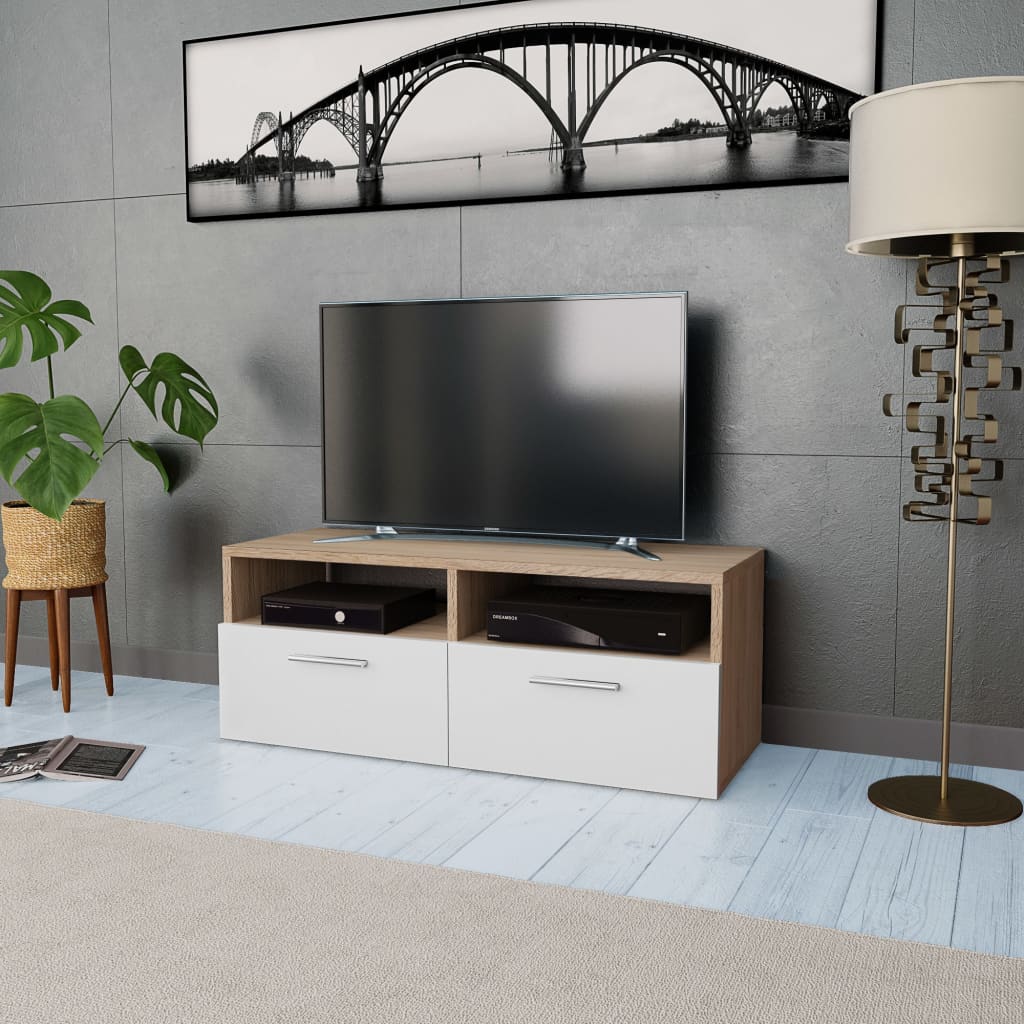 vidaXL TV skapītis, kokskaidu plātne, 95x35x36 cm, ozolkoka un balts