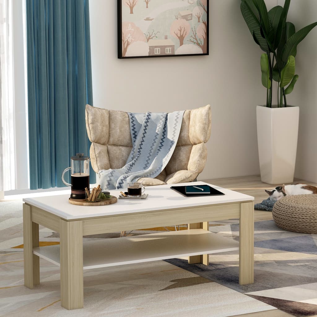 vidaXL kafijas galdiņš, 110x60x47 cm, balta, ozolkoka krāsa