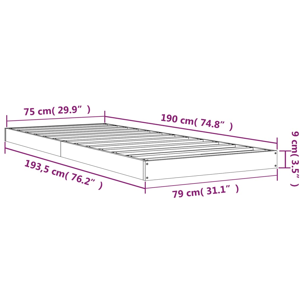 vidaXL gultas rāmis, balts, 75x190 cm, vienvietīgs, priedes masīvkoks