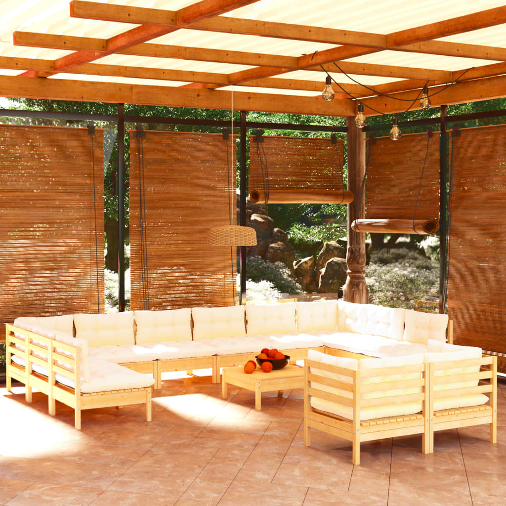 vidaXL 13-daļīgs dārza mēbeļu komplekts ar krēmkrāsas matračiem, priede