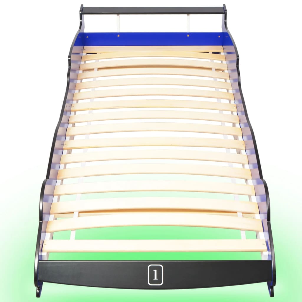 vidaXL bērnu gulta ar LED, sacīkšu mašīnas dizains, 90x200 cm, zila