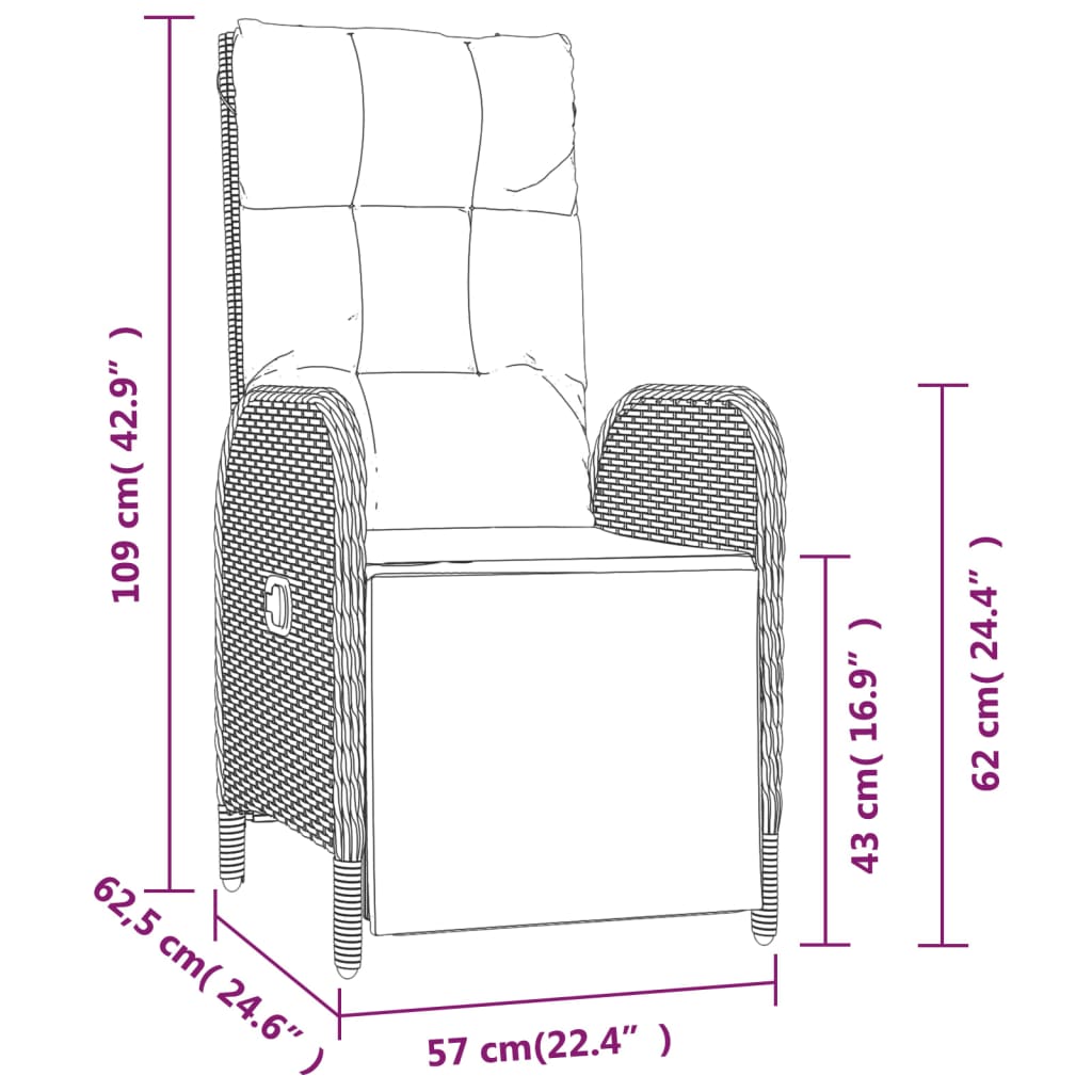 vidaXL atgāžami dārza krēsli ar galdiņu, 2 gab., pelēka PE rotangpalma