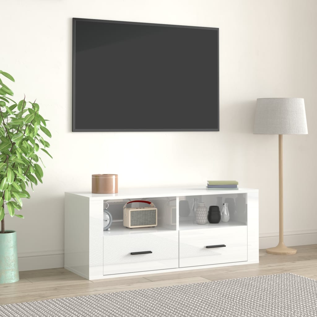 vidaXL TV skapītis, spīdīgi balts, 100x35x40 cm, inženierijas koks