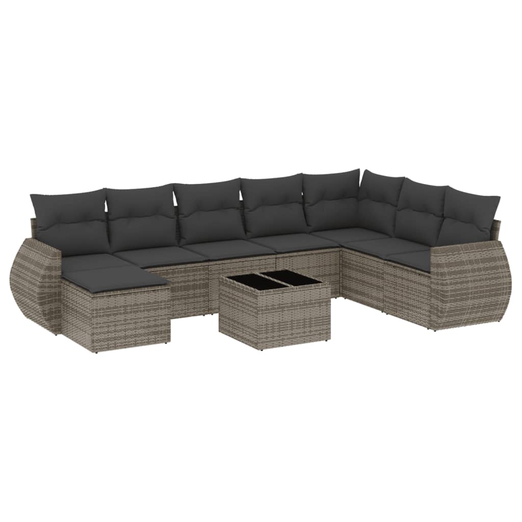 vidaXL 9-daļīgs dārza dīvāna komplekts ar matračiem, pelēks PE pinums