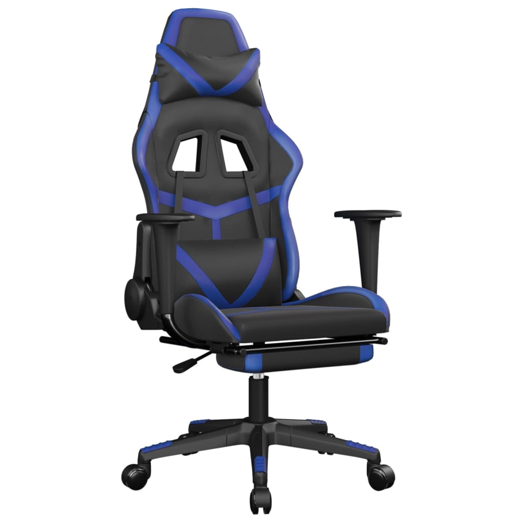 vidaXL datorspēļu krēsls ar kāju balstu, melna un zila mākslīgā āda