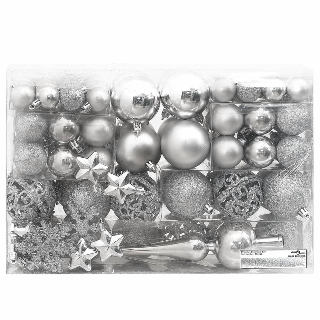 vidaXL Ziemassvētku eglītes rotājumi, 111 gab., sudrabains polistirols