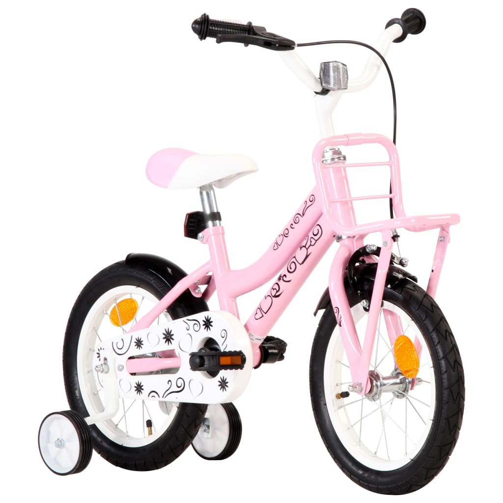 vidaXL bērnu velosipēds ar priekšējo bagāžnieku, 14 collas, balts,rozā