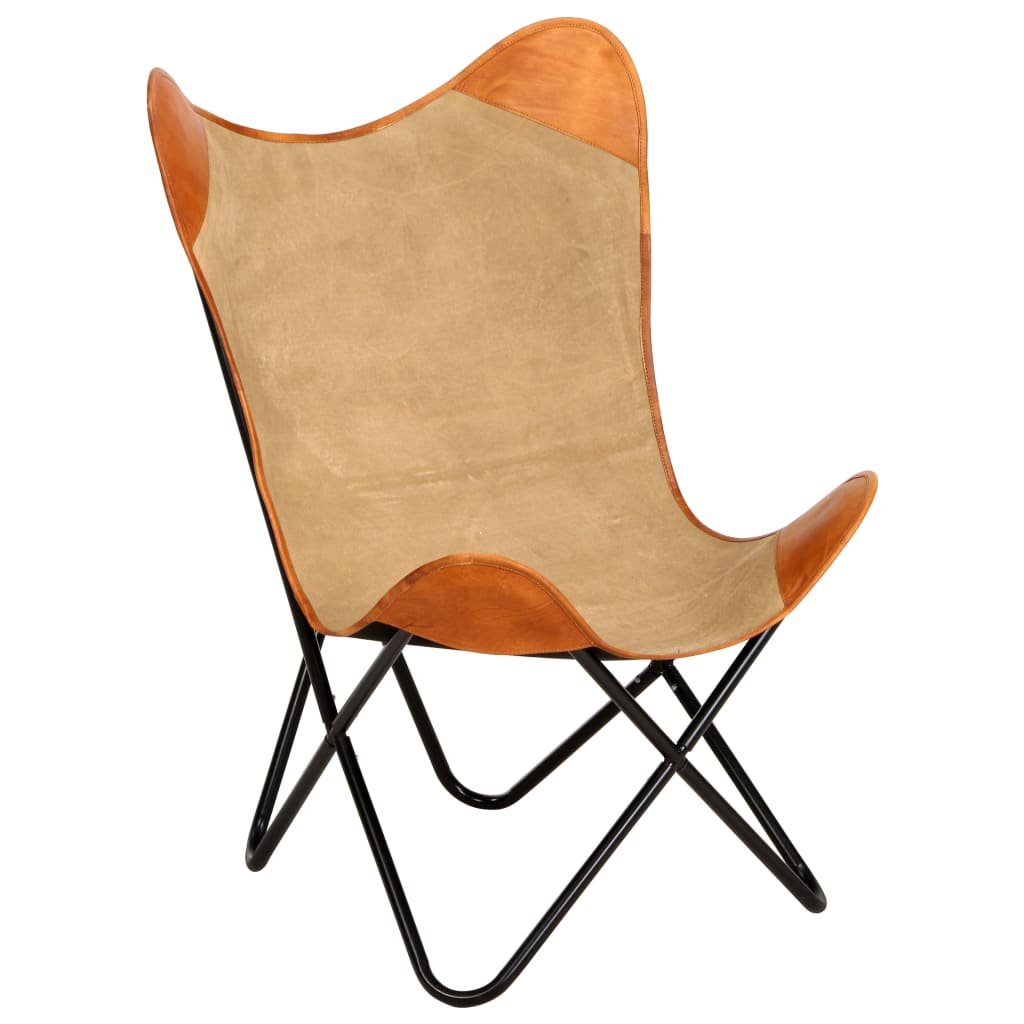 vidaXL tauriņa formas krēsls, brūna dabīgā āda un audums