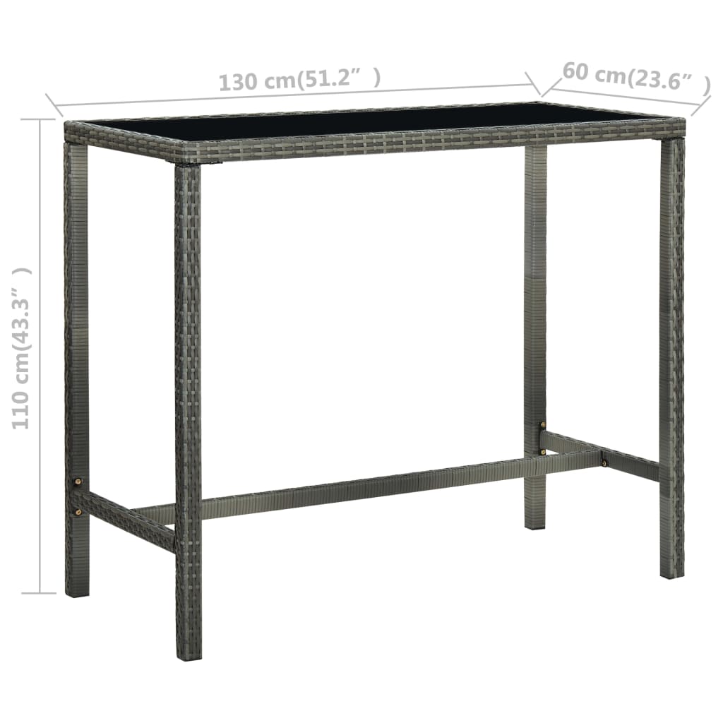 vidaXL dārza bāra galds, pelēks, 130x60x110cm, PE rotangpalma, stikls