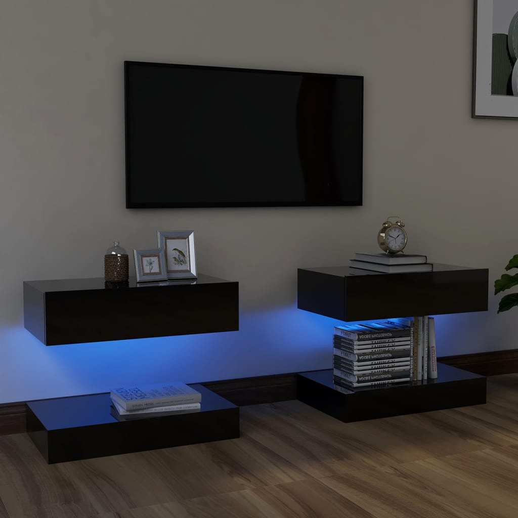 vidaXL TV plaukti ar LED lampiņām, 2 gab., 60x35 cm, spīdīgi melni