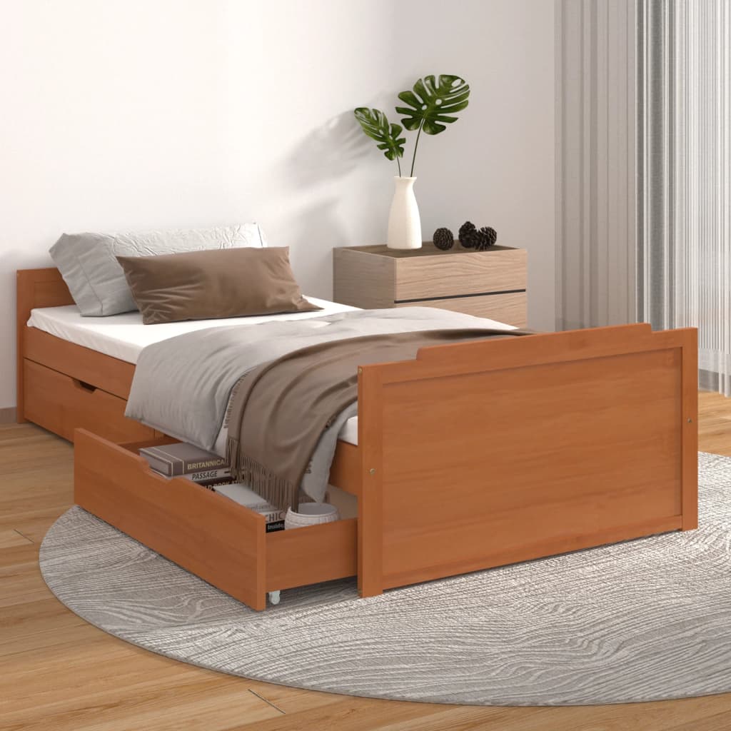 vidaXL gultas rāmis ar atvilktnēm, medus brūns priedes koks, 90x200 cm