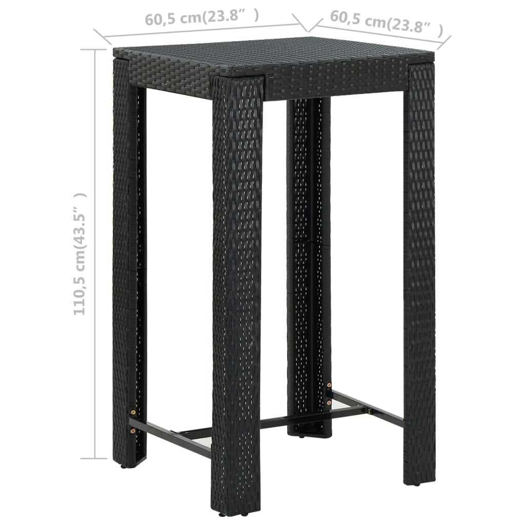 vidaXL dārza bāra galds, melns, 60,5x60,5x110,5 cm, PE rotangpalma