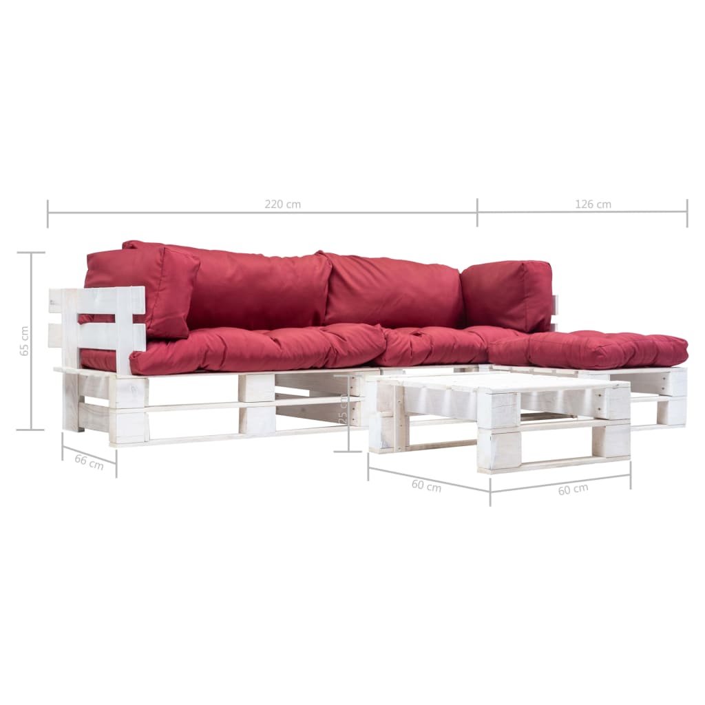 vidaXL 4-daļīgs palešu dīvānu komplekts ar sarkaniem matračiem, koks