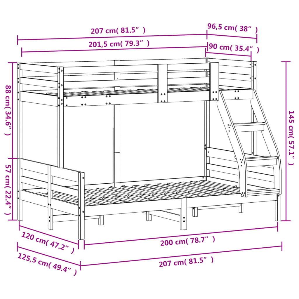 vidaXL divstāvu gulta, 90x200/120x200 cm, priedes masīvkoks