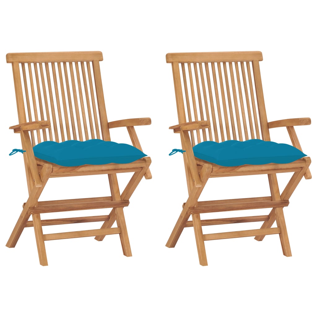vidaXL dārza krēsli, gaiši zili matrači, 2 gab., masīvs tīkkoks