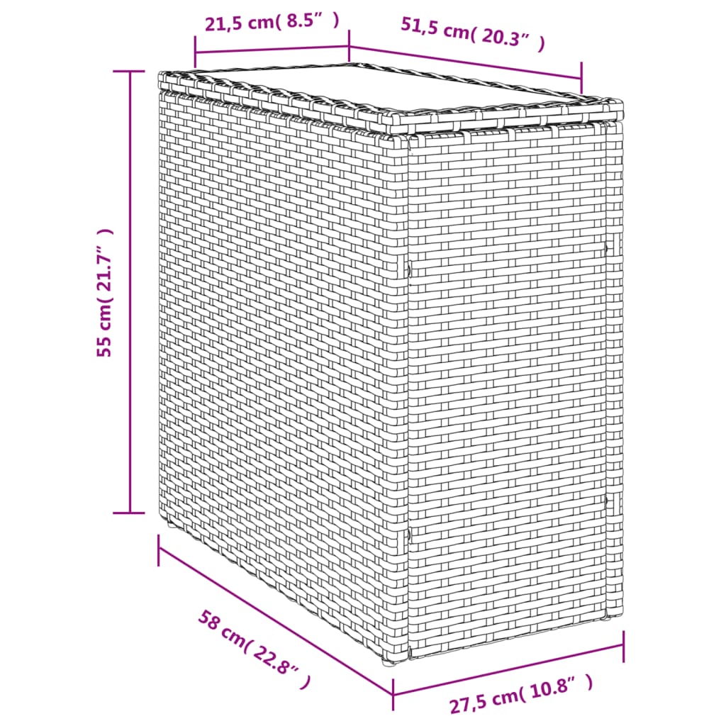 vidaXL dārza galds, stikla virsma, 58x27,5x55 cm, melna PE rotangpalma