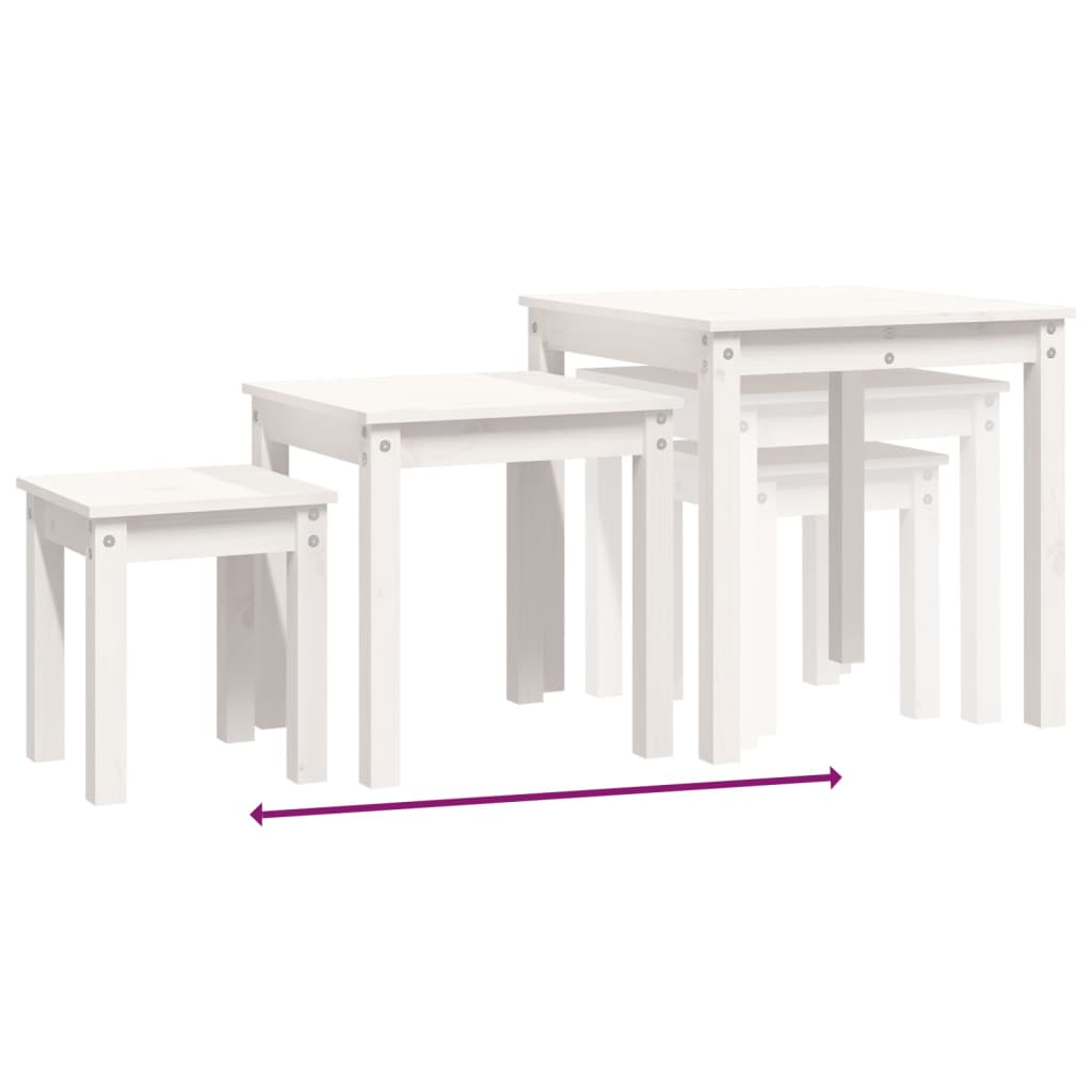 vidaXL galdiņi, 3 gab., balti, sabīdāmi, priedes masīvkoks
