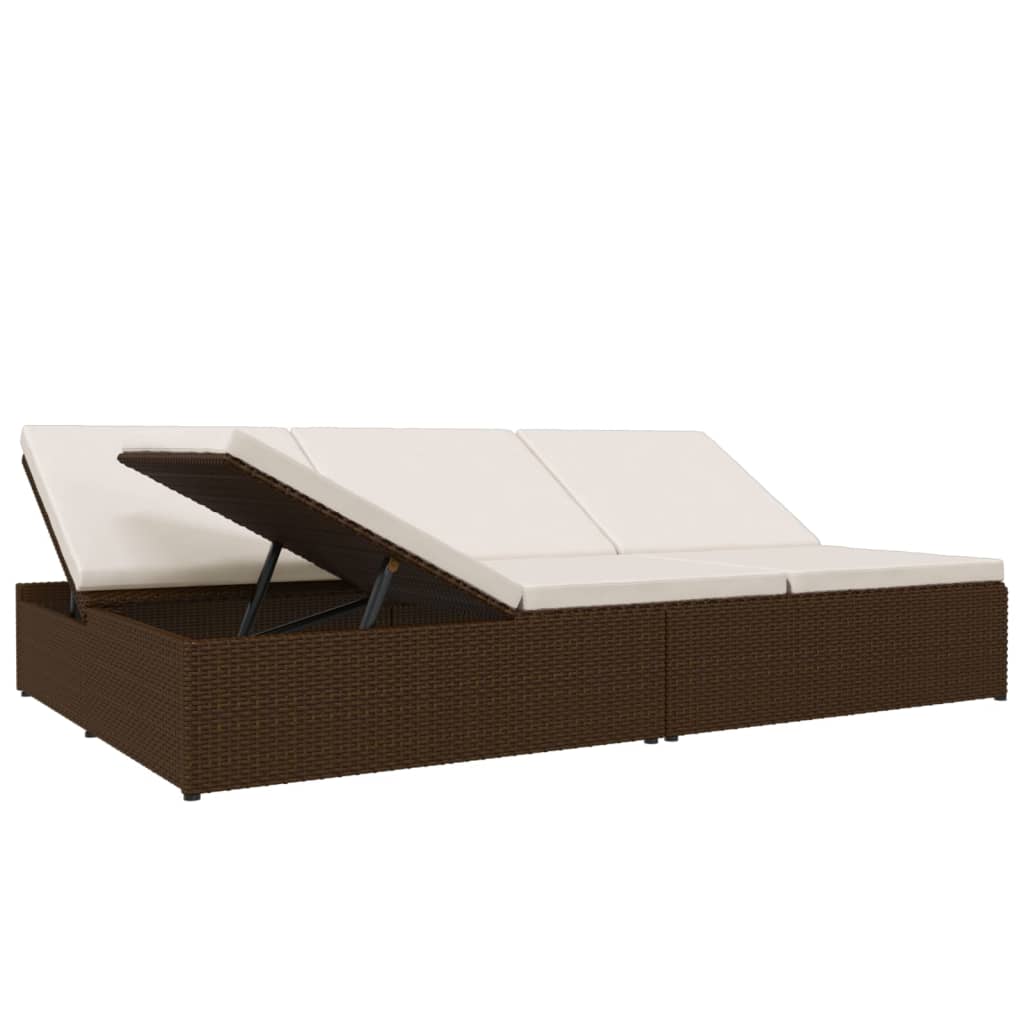 vidaXL nolaižama sauļošanās gulta ar matračiem, brūna PE rotangpalma