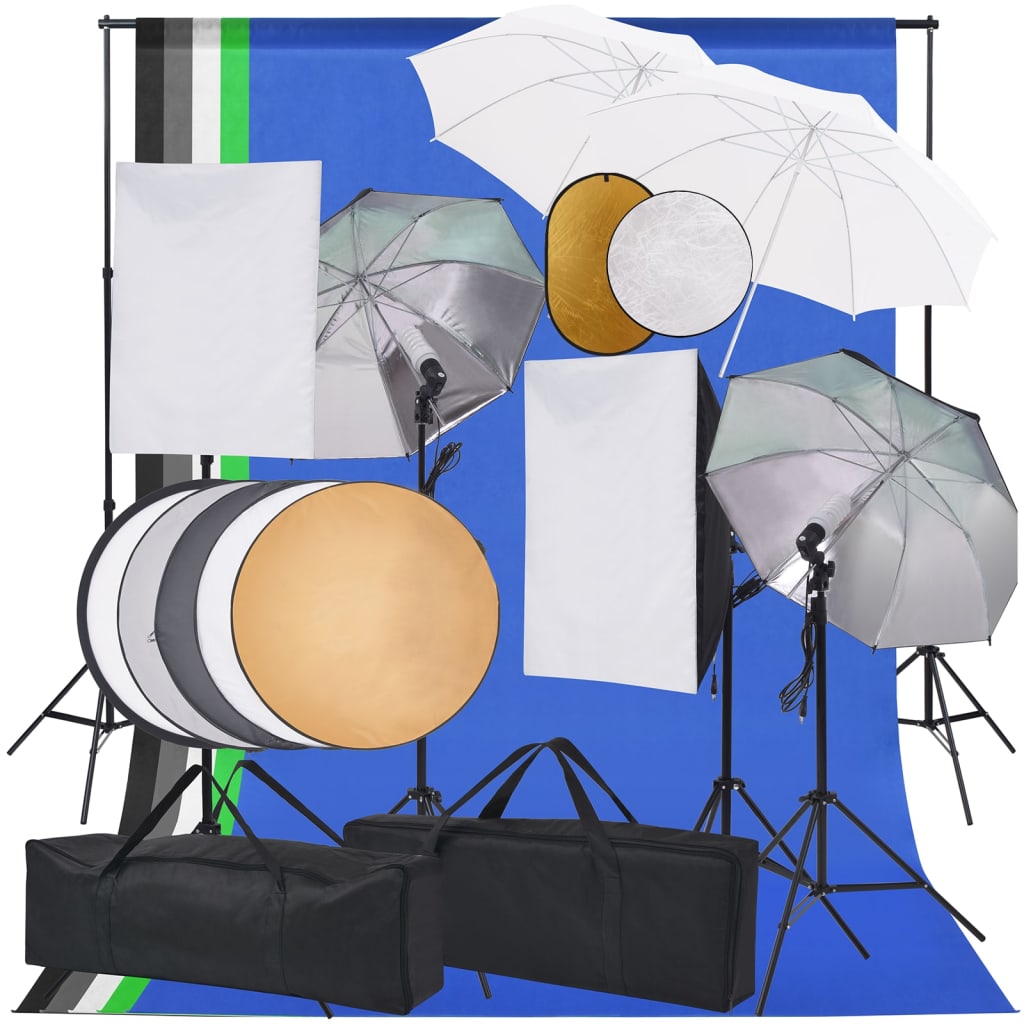 vidaXL fotostudijas komplekts – gaismas izkliedētāji, foni, reflektori