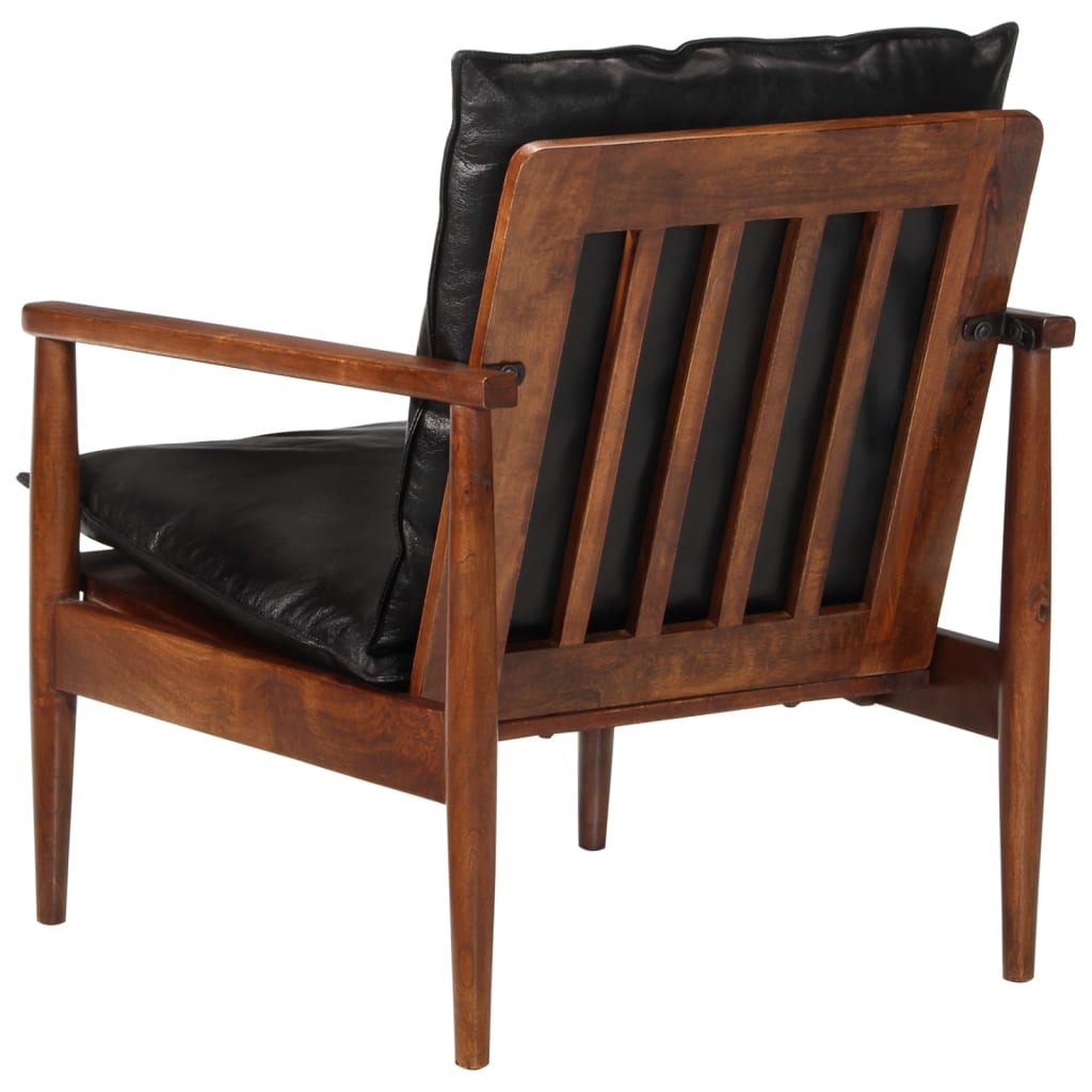 vidaXL atpūtas krēsls, melna dabīgā āda, akācijas masīvkoks