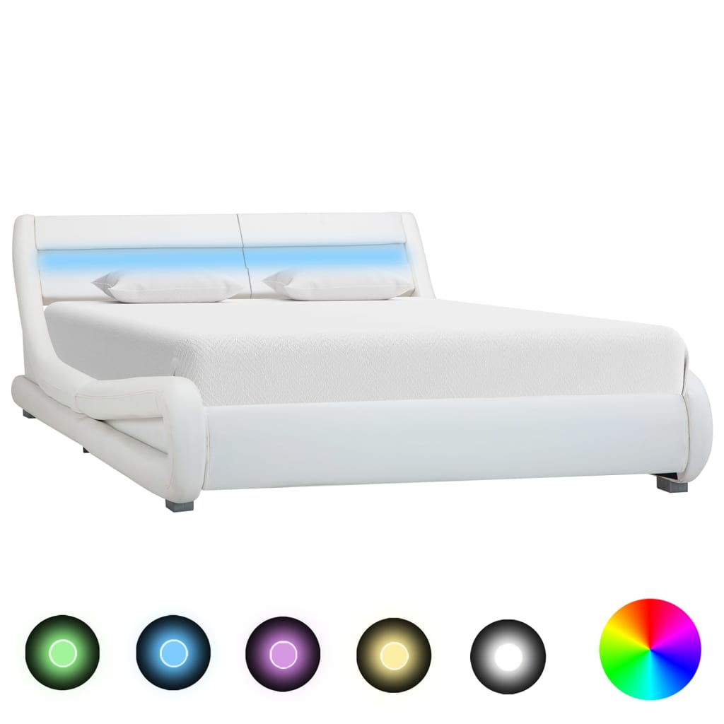 vidaXL gultas rāmis ar LED, balta mākslīgā āda, 160x200 cm