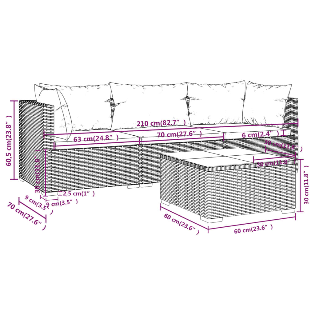 vidaXL 4-daļīgs dārza atpūtas mēbeļu komplekts ar matračiem, PE, brūns