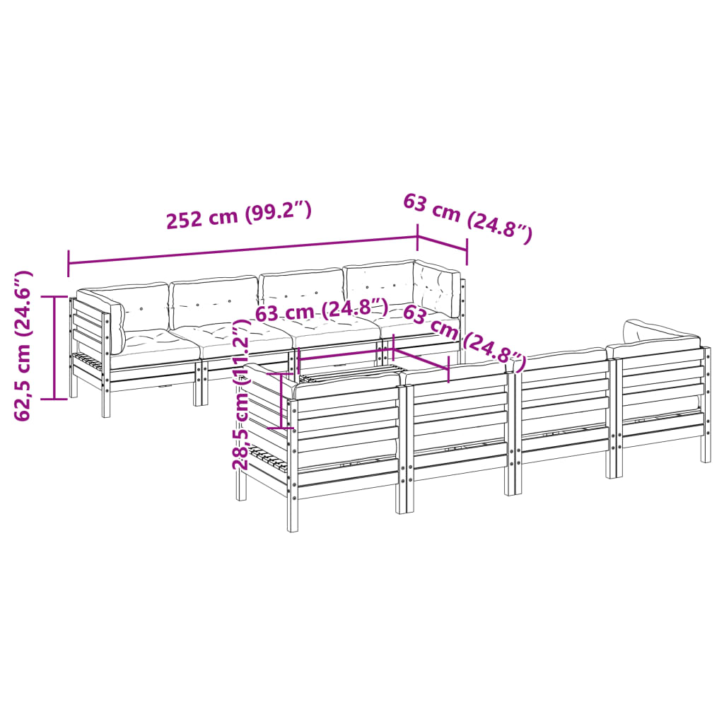 vidaXL 9-daļīgs dārza dīvānu komplekts, matrači, egles masīvkoks