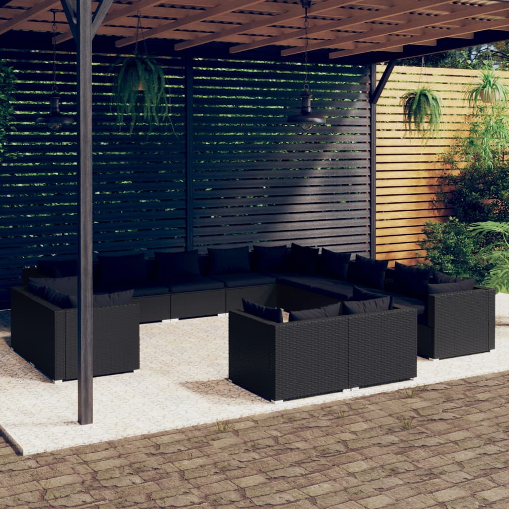 vidaXL 13-daļīgs dārza atpūtas mēbeļu komplekts, melna PE rotangpalma