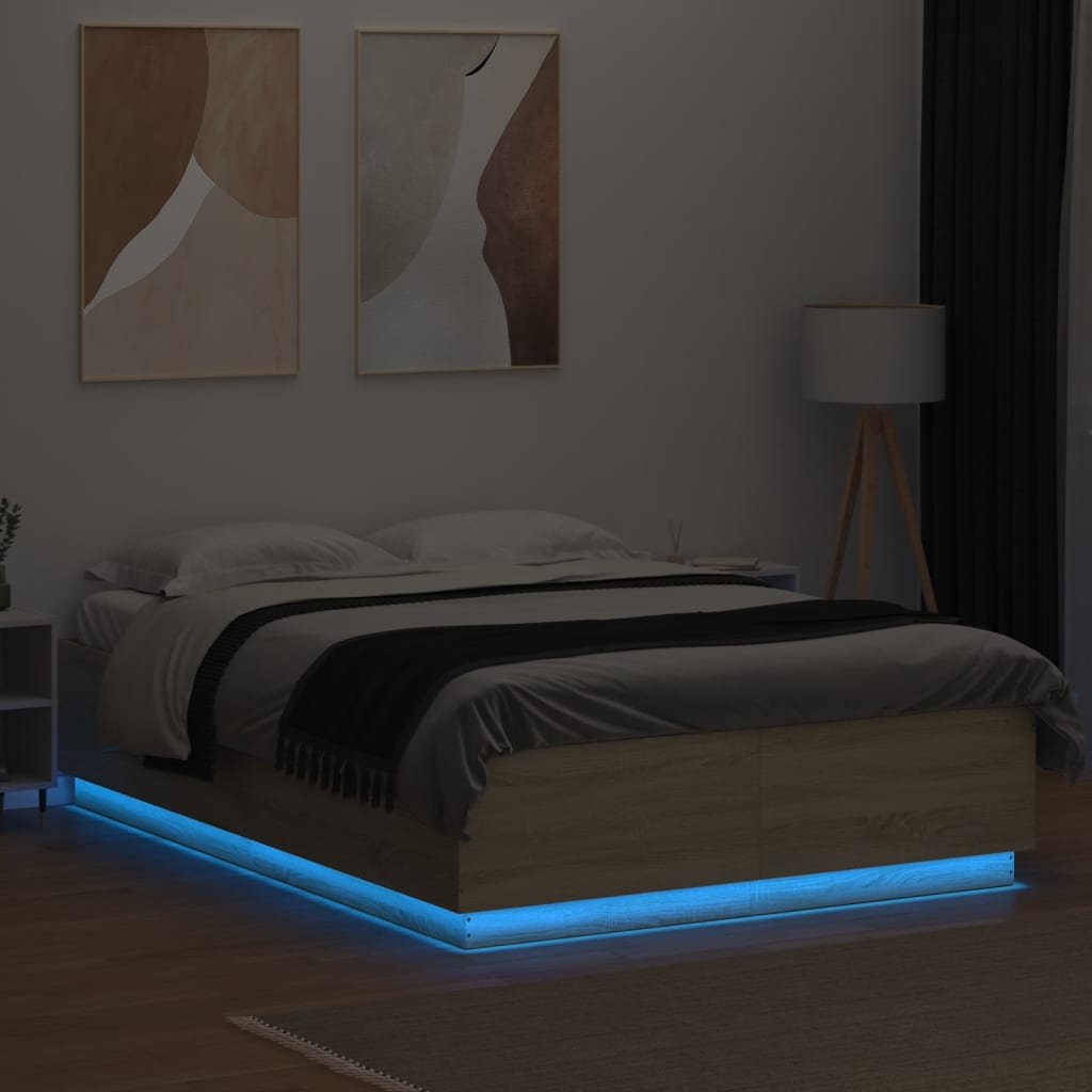 vidaXL gultas rāmis ar LED, ozola, 150x200 cm, inženierijas koks