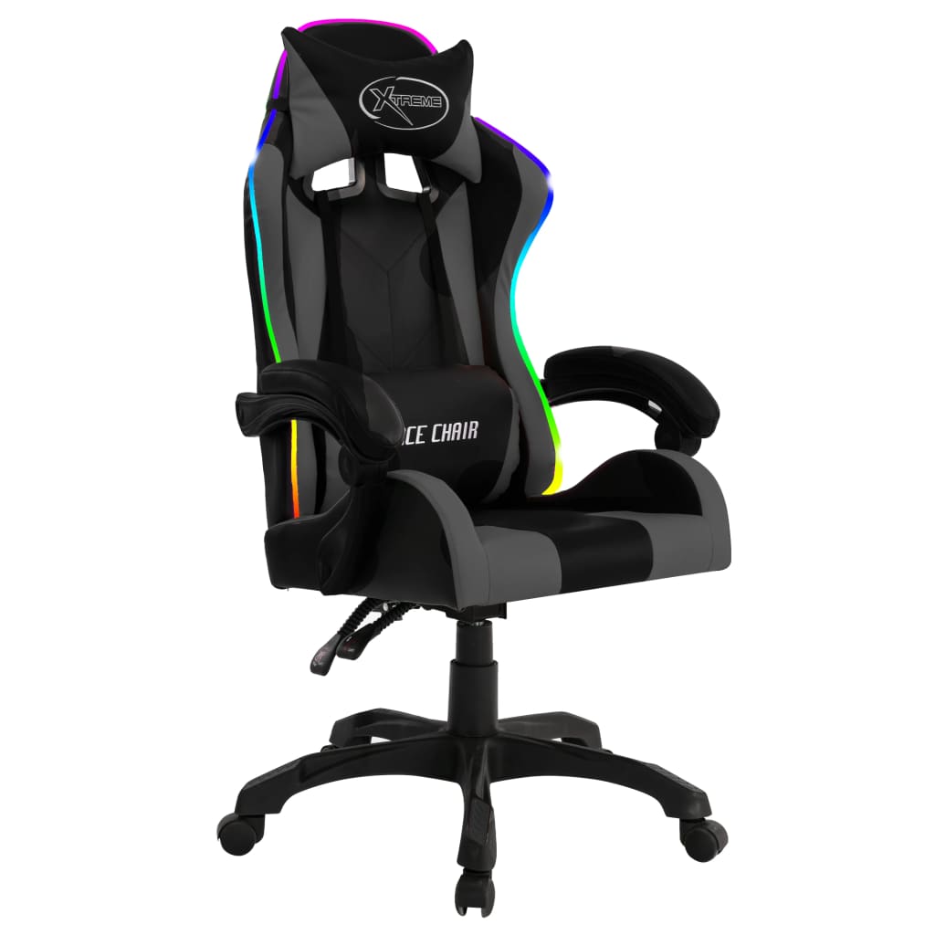 vidaXL biroja krēsls, RGB LED gaismas, pelēka un melna mākslīgā āda
