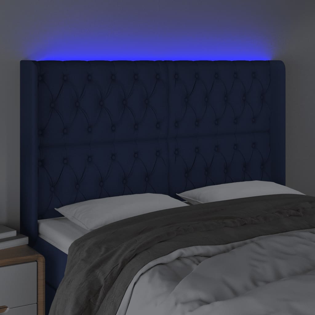 vidaXL gultas galvgalis ar LED, 163x16x118/128 cm, zils audums